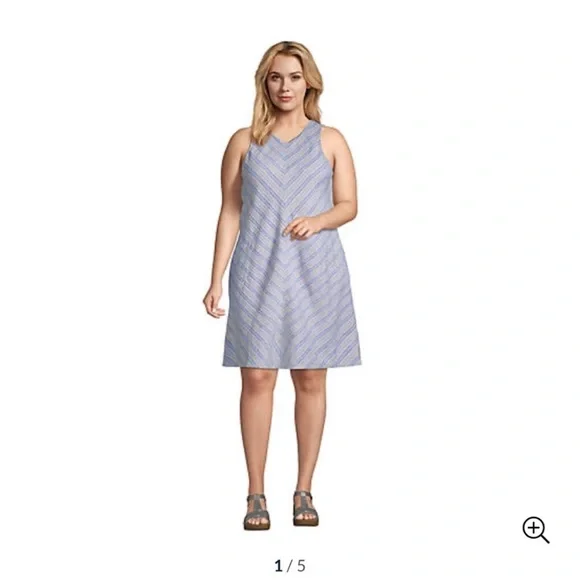 Lands' End women's blue linen shift dress with a striped pattern size LP - Picture 2 of 8